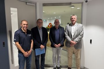 Left–right: Thiess General Manager Mining – Australia West Tim Abrahams,  Yilgarn Iron Director David Paull and Managing Director Fergus Campbell, Thiess Group Executive – Australia West David Greig at the contract signing 